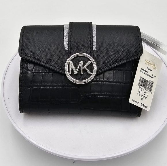 Michael Kors NWT Carmen Medium Crocodile Embossed Tri-Fold Envelope Wallet Black - Picture 1 of 5